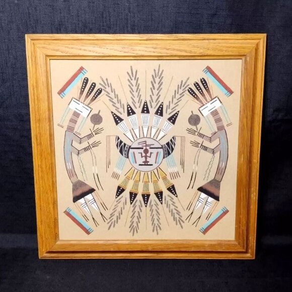Vintage Authentic Navajo Sand Painting By Herman Tom 16” X 16” Wood Framed Piece - Picture 1 of 8